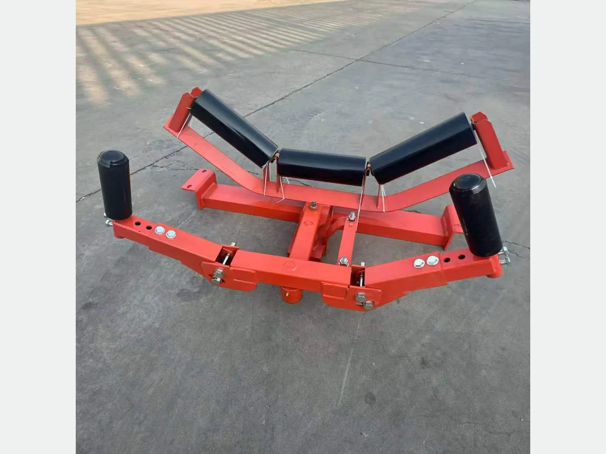 Mechanical conveyor belt tracking frame with guide rollers